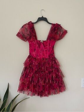 🌷 Lace & Beads Fuchsia Floral Tiered Tulle Cocktail Dress # 44